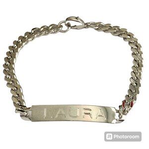 Vintage Name ID Bracelet LAURA Silver Tone Rhodium Plated 7.5" Girls Teen 90's